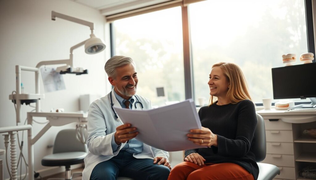 A medical office interior with an exam chair and equipment, natural lighting filtering through large windows. In the foreground, a doctor and patient review a document, their expressions conveying mutual understanding. The background showcases dental tools and models, conveying the clinical setting. The lighting is soft and warm, creating an atmosphere of professionalism and trust. The composition emphasizes the collaborative nature of the consultation, highlighting the importance of informed consent in the dental context.