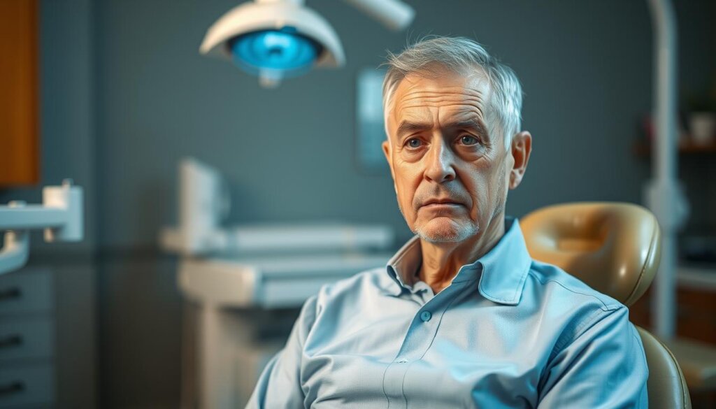 A middle-aged person with visible health conditions, sitting in a dental chair with a concerned expression, against a blurred background of a dental clinic. The lighting is soft and warm, creating an atmosphere of uncertainty and apprehension. The person's posture and body language suggest they are unsure about their eligibility for dental implants. The image should convey the idea that certain medical or physical conditions may disqualify individuals from receiving this type of dental treatment.