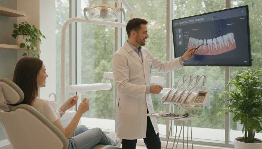 A modern dental clinic interior, featuring a professional orthodontist in a crisp white coat, gently explaining the Invisalign treatment to a patient sitting in a dental chair. The foreground shows the patient holding a set of clear aligners, with the orthodontist gesturing towards a digital display showcasing treatment progress images. The middle ground includes high-tech dental tools and equipment, illuminated by soft, natural light from large windows, creating a warm and inviting atmosphere. In the background, vibrant green plants add a touch of freshness and health to the setting. The composition captures a sense of reassurance and professionalism, emphasizing collaboration in the Invisalign progress tracking process. A modern dental clinic interior, featuring a professional orthodontist in a crisp white coat, gently explaining the Invisalign treatment to a patient sitting in a dental chair. The foreground shows the patient holding a set of clear aligners, with the orthodontist gesturing towards a digital display showcasing treatment progress images. The middle ground includes high-tech dental tools and equipment, illuminated by soft, natural light from large windows, creating a warm and inviting atmosphere. In the background, vibrant green plants add a touch of freshness and health to the setting. The composition captures a sense of reassurance and professionalism, emphasizing collaboration in the Invisalign progress tracking process.