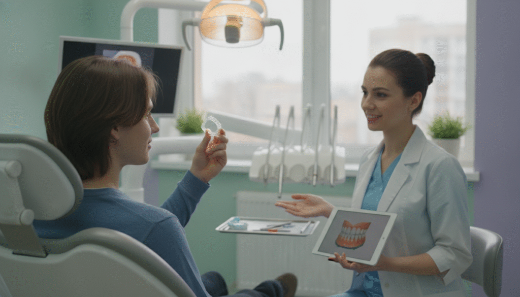 A modern dental clinic interior featuring a young adult, wearing modest casual clothing, sitting comfortably in a dental chair while examining a clear Invisalign aligner. The foreground captures the patient’s expression of curiosity and hopefulness, as they hold the aligner up to the light. In the middle, a friendly dentist in professional attire stands nearby, explaining the treatment with a digital tablet in hand. The background reveals dental equipment, a large window letting in natural light, and calming pastel colors on the walls, creating a welcoming atmosphere. The scene is well-lit with soft, diffused lighting to enhance the inviting mood. A slight angle from the side provides depth to the composition while keeping the focus on the interaction between the patient and dentist. A modern dental clinic interior featuring a young adult, wearing modest casual clothing, sitting comfortably in a dental chair while examining a clear Invisalign aligner. The foreground captures the patient’s expression of curiosity and hopefulness, as they hold the aligner up to the light. In the middle, a friendly dentist in professional attire stands nearby, explaining the treatment with a digital tablet in hand. The background reveals dental equipment, a large window letting in natural light, and calming pastel colors on the walls, creating a welcoming atmosphere. The scene is well-lit with soft, diffused lighting to enhance the inviting mood. A slight angle from the side provides depth to the composition while keeping the focus on the interaction between the patient and dentist.