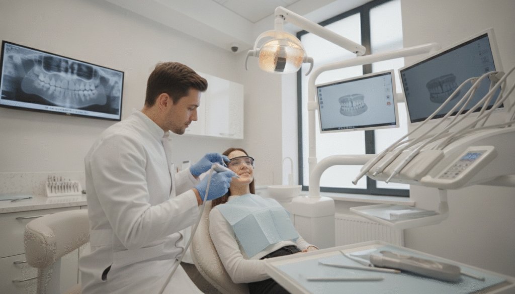 A modern dental clinic interior focused on cosmetic dental treatment, showcasing a professional dentist in a white lab coat, performing a dental examination on a patient. The patient, a young adult with a slight smile, is seated in a sleek dental chair, surrounded by state-of-the-art dental equipment. Bright, soft lighting illuminates the room, creating a welcoming and sterile atmosphere. In the background, a dental chart is visible on the wall, along with neatly arranged dental tools on a countertop. The angle is slightly tilted downwards to emphasize the dentist's hands working on the patient's dental health. The overall mood conveys professionalism and care, focusing on the importance of dental aesthetics and initial considerations for treatment options. A modern dental clinic interior focused on cosmetic dental treatment, showcasing a professional dentist in a white lab coat, performing a dental examination on a patient. The patient, a young adult with a slight smile, is seated in a sleek dental chair, surrounded by state-of-the-art dental equipment. Bright, soft lighting illuminates the room, creating a welcoming and sterile atmosphere. In the background, a dental chart is visible on the wall, along with neatly arranged dental tools on a countertop. The angle is slightly tilted downwards to emphasize the dentist's hands working on the patient's dental health. The overall mood conveys professionalism and care, focusing on the importance of dental aesthetics and initial considerations for treatment options.