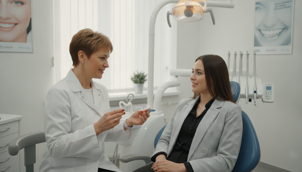 A modern dental office setting featuring a professional orthodontist in a white lab coat, examining a clear aligner in one hand while discussing treatment options with a patient seated comfortably in a dental chair. The orthodontist, a middle-aged woman with short hair, is smiling and engaging with the patient, who is a young adult woman dressed in casual business attire. The room is well-lit, with soft, natural light streaming in from a window, highlighting the dental tools and technology in the background. Dental posters related to Invisalign treatment adorn the walls, creating an informative atmosphere. The image captures a sense of professionalism, care, and optimism in the journey of orthodontic treatment. A modern dental office setting featuring a professional orthodontist in a white lab coat, examining a clear aligner in one hand while discussing treatment options with a patient seated comfortably in a dental chair. The orthodontist, a middle-aged woman with short hair, is smiling and engaging with the patient, who is a young adult woman dressed in casual business attire. The room is well-lit, with soft, natural light streaming in from a window, highlighting the dental tools and technology in the background. Dental posters related to Invisalign treatment adorn the walls, creating an informative atmosphere. The image captures a sense of professionalism, care, and optimism in the journey of orthodontic treatment.