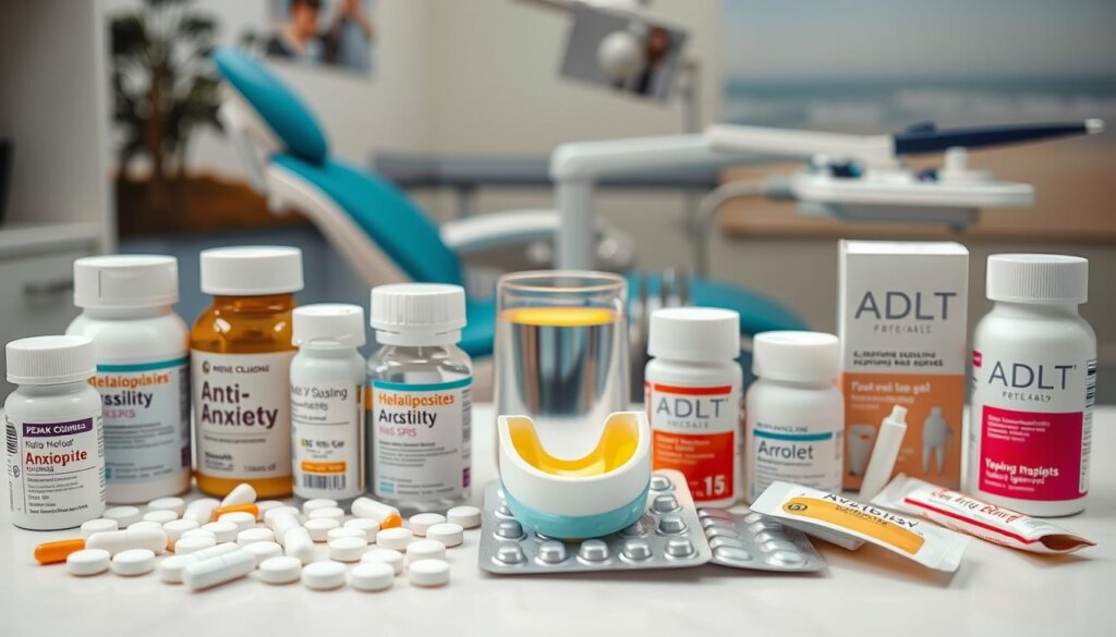 A neatly arranged array of common anti-anxiety medications and dental care products. In the foreground, several pill bottles and blister packs of anxiolytic drugs like benzodiazepines and SSRIs, along with a dental mouthguard and topical numbing gels. The middle ground features a dental chair, instruments, and a glass of water. The background has calming images of nature like trees or a beach, conveying a sense of relaxation. The lighting is soft and diffused, creating a serene, clinical atmosphere. The composition is balanced and aesthetically pleasing, highlighting the medical solutions available to ease dental anxiety.