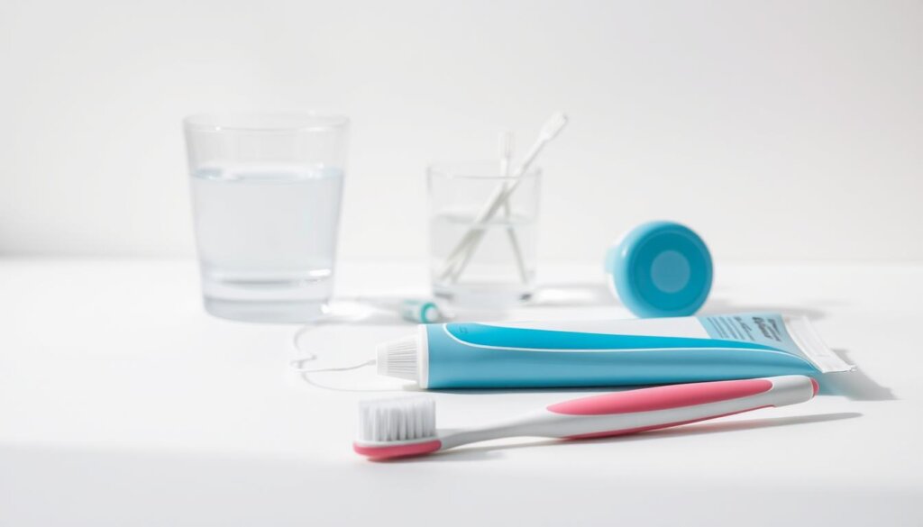 A neatly arranged still life showcasing the essential tools for maintaining oral hygiene. In the foreground, a manual toothbrush, toothpaste, and dental floss lie on a clean, white surface, bathed in soft, diffused lighting that accentuates their textures and colors. In the middle ground, a glass of water and a small cup holding interdental brushes add functional details. The background features a minimalist, neutral-toned backdrop, creating a sense of purity and focus on the core elements. The overall composition conveys a sense of simplicity, cleanliness, and the importance of these everyday items in supporting good oral health.