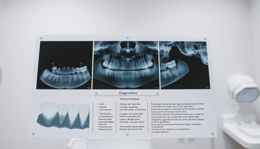 A neatly organized dental X-ray display with clear images, crisp edges, and accurate anatomical details. The foreground showcases a set of well-defined teeth in different angles, highlighting the intricate structures and any potential issues. The middle ground features a diagnostic overlay, providing technical guidelines and instructions for interpreting the X-rays. In the background, a neutral-toned clinical environment sets the mood, with soft, diffused lighting that emphasizes the professionalism and precision of the dental practice. The overall composition conveys a sense of authority, expertise, and the importance of following standardized protocols for optimal patient care.