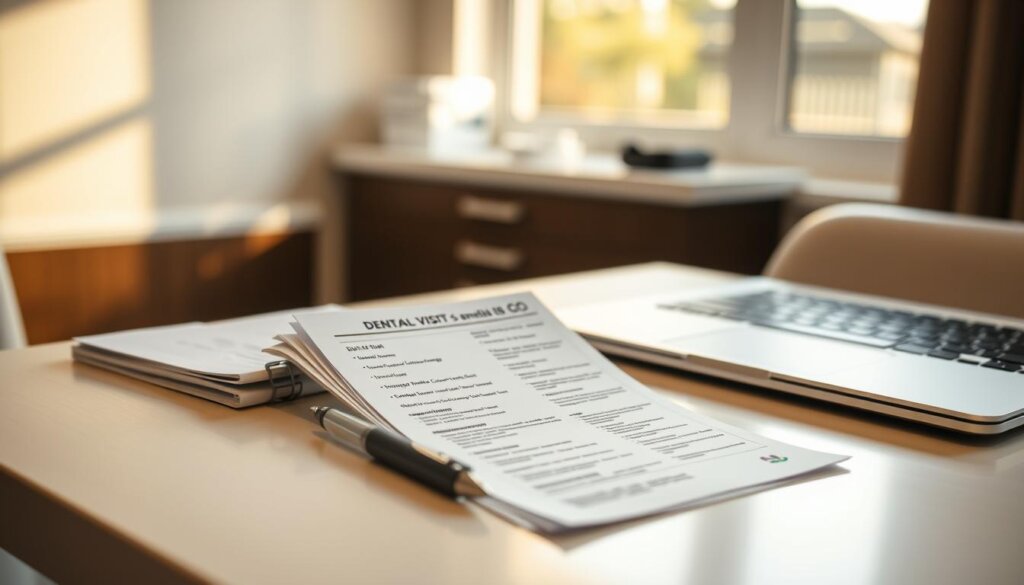 A neatly organized dental office desk with a laptop, pen, and stack of documents. The desktop surface is clean and minimalist, with a sleek silver laptop and a well-sharpened pen resting beside a stack of papers detailing dental visit pricing and insurance coverage information. Warm, directional lighting from a window casts a soft glow, creating a professional yet inviting atmosphere. The background is blurred, placing the focus entirely on the informative documents at the center of the frame, conveying a sense of clarity and attention to detail.