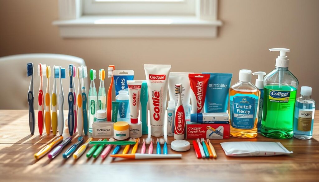 A neatly organized display of various oral care products, including toothbrushes, toothpaste, dental floss, and mouthwash, arranged on a wooden table or countertop. The items are evenly spaced, creating a visually appealing and informative composition. Soft, natural lighting from a window or overhead source illuminates the scene, highlighting the vibrant colors and textures of the products. The background is blurred, keeping the focus on the carefully curated selection of dental care essentials. The overall mood is one of thoughtfulness and attention to detail, conveying the importance of making informed choices when it comes to maintaining dental health and hygiene.