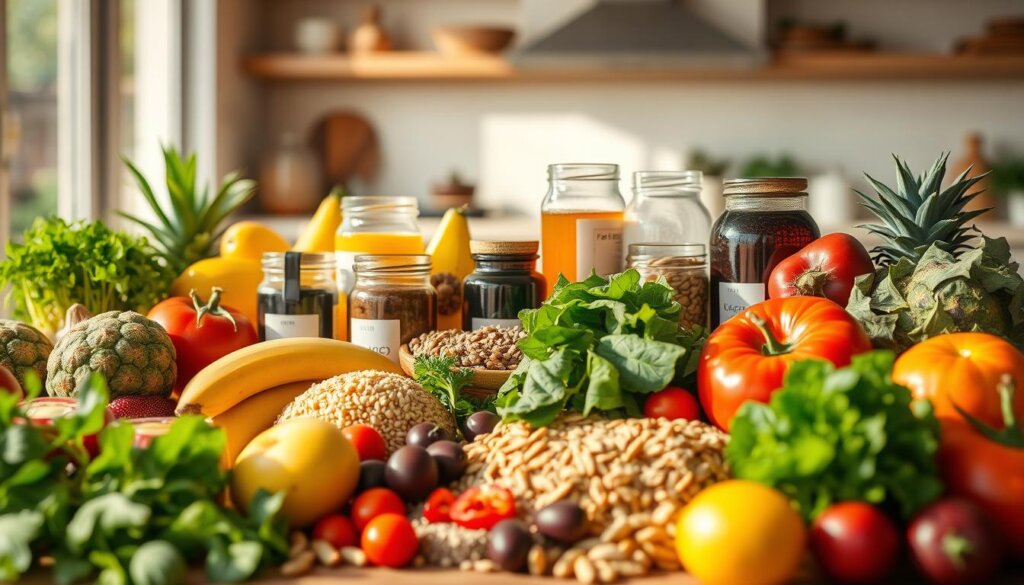 A nourishing still life, bathed in warm, natural light. In the foreground, an array of whole foods - vibrant fruits, crisp vegetables, hearty grains, and leafy greens. Arranged with care, they beckon the viewer to partake in their restorative properties. In the middle ground, glass jars and bottles hold supplements and tonics, their labels hinting at their restorative powers. The background is a softly blurred, soothing scene, perhaps a tranquil kitchen or dining area, conveying a sense of wellness and rejuvenation. The overall mood is one of abundance, vitality, and the nurturing power of nutrition to aid the body's natural healing process.