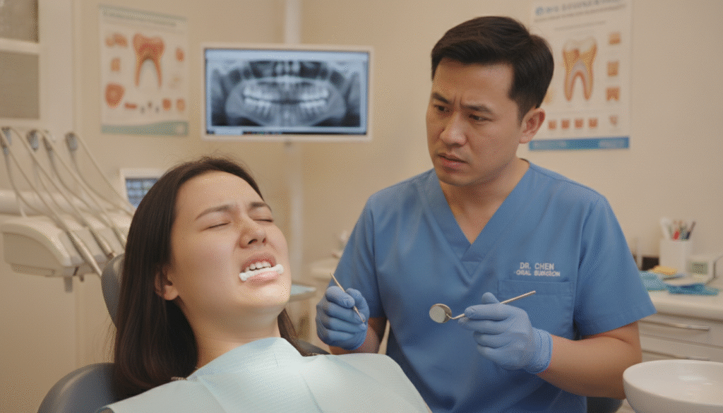 A patient sitting in a dental chair, visibly uncomfortable after a dental implant procedure. The foreground features a close-up of the patient's face, showing their eyes squinting and their mouth slightly opened, with a hint of swelling on one side. The dentist, in professional attire, stands beside the chair with a concerned expression, holding dental tools. In the middle background, a well-lit dental clinic with medical posters and equipment creates a sterile yet intimate atmosphere. Soft, warm lighting enhances the mood of discomfort and tension, while a shallow depth of field focuses on the patient and dentist. The overall atmosphere reflects the emotional and physical aftermath of the procedure, evoking empathy from the viewer. A patient sitting in a dental chair, visibly uncomfortable after a dental implant procedure. The foreground features a close-up of the patient's face, showing their eyes squinting and their mouth slightly opened, with a hint of swelling on one side. The dentist, in professional attire, stands beside the chair with a concerned expression, holding dental tools. In the middle background, a well-lit dental clinic with medical posters and equipment creates a sterile yet intimate atmosphere. Soft, warm lighting enhances the mood of discomfort and tension, while a shallow depth of field focuses on the patient and dentist. The overall atmosphere reflects the emotional and physical aftermath of the procedure, evoking empathy from the viewer.