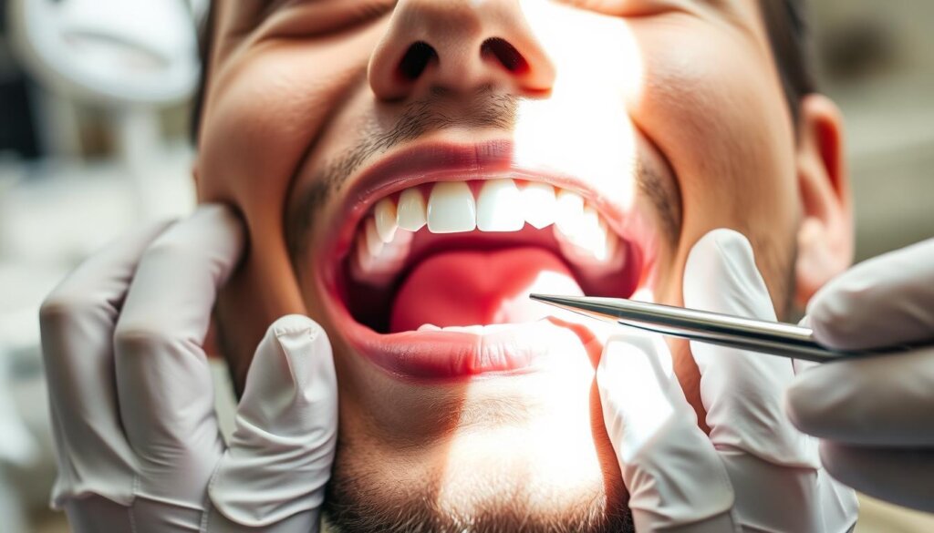 A patient's mouth open wide, their jaw gently grasped by a dentist's gloved hands, examining the alignment and bite. Bright overhead lighting casts a clinical glow, while the dentist's focused expression reflects their thorough assessment. The patient's face is framed by the dentist's hands, creating a sense of close inspection and careful evaluation. The background is blurred, keeping the attention on the precise dental examination. Subtle shadows and highlights accentuate the contours of the jaw, teeth, and dental tools, showcasing the technical precision of the procedure.