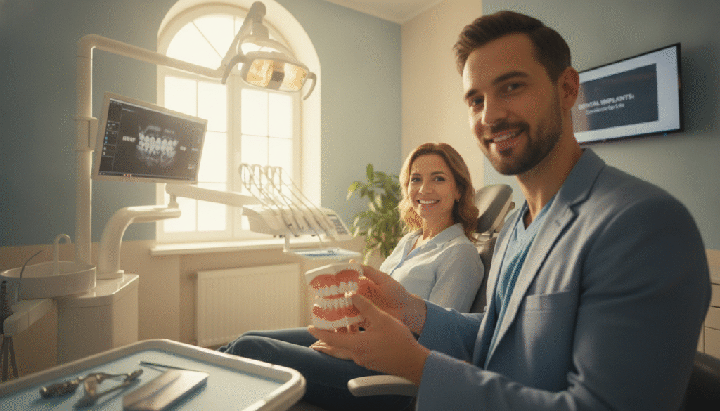 A peaceful dental clinic setting showcasing a close-up of a smiling patient with a perfect set of dental implants. In the foreground, a confident, well-dressed dentist explains the benefits of dental implants, with a model of a dental implant in hand. The middle ground features a modern dental chair and high-tech dental equipment, emphasizing professionalism and care. In the background, soothing colors and light enhance the calm atmosphere, with soft natural light streaming in through a large window. The overall mood should convey trust, comfort, and the long-term benefits of dental implants, highlighting their durability and aesthetic appeal. Use a wide-angle lens to capture the entire scene, and ensure soft focus on the dentist while keeping the patient in sharp detail. A peaceful dental clinic setting showcasing a close-up of a smiling patient with a perfect set of dental implants. In the foreground, a confident, well-dressed dentist explains the benefits of dental implants, with a model of a dental implant in hand. The middle ground features a modern dental chair and high-tech dental equipment, emphasizing professionalism and care. In the background, soothing colors and light enhance the calm atmosphere, with soft natural light streaming in through a large window. The overall mood should convey trust, comfort, and the long-term benefits of dental implants, highlighting their durability and aesthetic appeal. Use a wide-angle lens to capture the entire scene, and ensure soft focus on the dentist while keeping the patient in sharp detail.