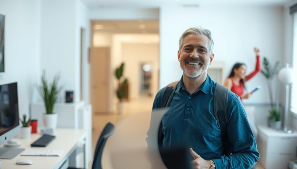 A person returning to normal daily activities after a dental procedure, such as a root canal. The foreground shows the person smiling and confidently going about their routine, whether working at a desk, exercising, or engaging in a social activity. The middle ground depicts a clean, well-lit environment, suggesting a sense of comfort and recovery. The background subtly suggests the passage of time, with subtle changes in lighting or seasonal cues. The overall mood is one of relief, optimism, and a return to a state of normalcy. Soft, natural lighting illuminates the scene, captured with a medium-wide lens to convey a welcoming, inclusive atmosphere.
