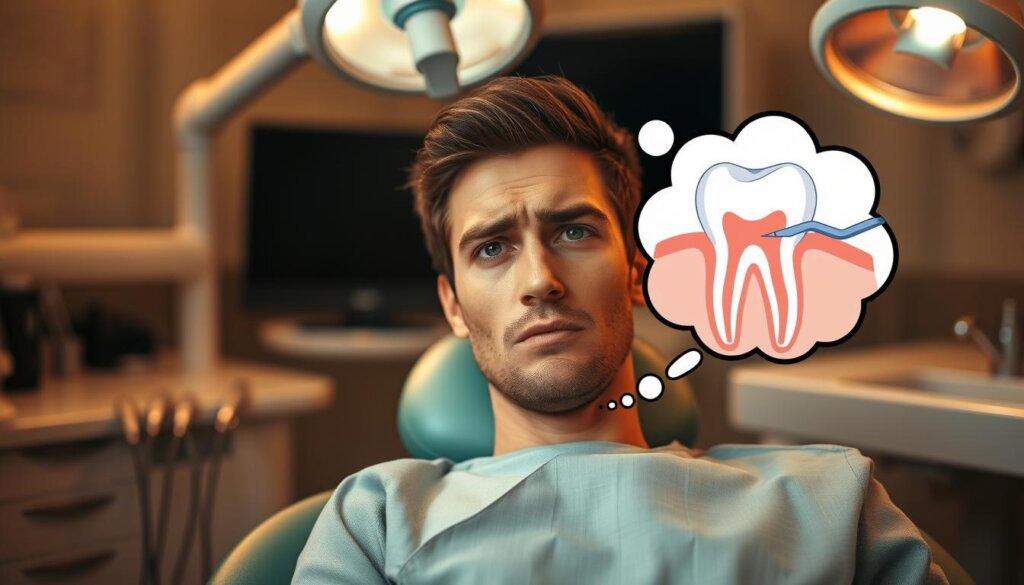 A person sitting in a dental chair, looking apprehensive, with a thought bubble above their head depicting a tooth with a root canal procedure being performed. The scene is illuminated by a warm, clinical lighting, creating a sense of unease and discomfort. The background is blurred, with subtle dental equipment and tools visible, emphasizing the focus on the patient's emotional state. The composition is balanced, with the thought bubble and the patient's expression drawing the viewer's attention to the central theme of why someone might need a root canal treatment.