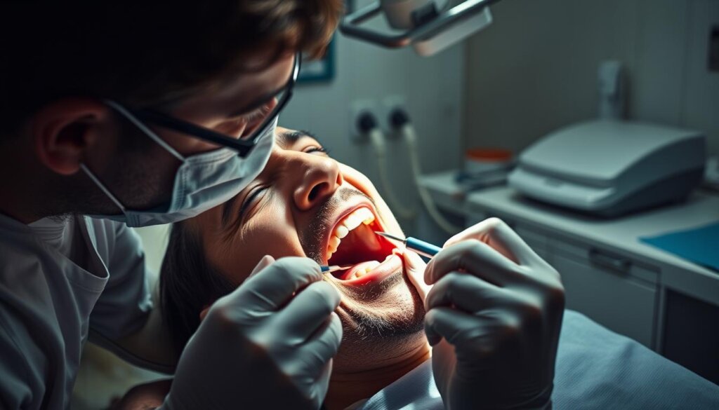 A person wincing in pain while a dentist performs a root canal procedure. The patient is reclined in a dental chair, mouth open wide, as the dentist carefully works with precision tools. The scene is bathed in a bright, clinical lighting that casts strong shadows, emphasizing the tension and discomfort. The background is a nondescript dental office, with medical equipment and supplies visible. The mood is one of anxiety and unease, capturing the common association of root canal procedures with significant pain and discomfort.