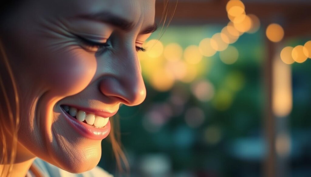 A person's face depicting relief from intense root canal pain, with a subtle smile and relaxed expression. In the foreground, a close-up view of the person's face, illuminated by soft, warm lighting that casts gentle shadows, creating a sense of calmness and comfort. In the middle ground, a blurred, out-of-focus background suggesting a serene, natural setting, such as a garden or a soothing indoor environment. The overall atmosphere conveys a sense of tranquility and the alleviation of the previous discomfort, reflecting the "When Pain Is a Concern" section of the article.