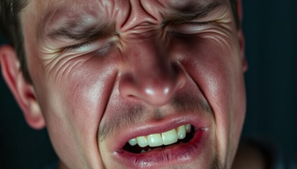 A person's face expressing a grimace of pain, with a swollen and reddened cheek. The image is shot in close-up, with dramatic lighting casting deep shadows and highlights to emphasize the discomfort. The skin has a flushed, irritated appearance, and the person's eyes are squinted in a pained expression. The background is blurred, keeping the focus on the face and the physical effects of the root canal procedure. The overall mood is one of acute discomfort and the lingering aftermath of the dental work.