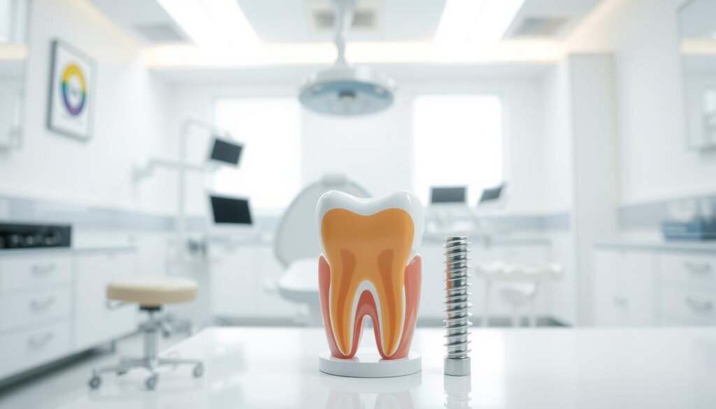 A pristine dental clinic interior, brightly lit with soft, diffused lighting. In the foreground, a close-up view of a dental tooth model, its root canal treatment options displayed meticulously - a tooth extraction procedure, dental implant, and a dental crown. The middle ground features medical equipment and instruments, conveying a sense of professionalism and expertise. The background showcases a soothing, calming atmosphere, with clean, minimalist decor and muted colors, creating a reassuring and trustworthy environment for the viewer. The overall scene strikes a balance between technical precision and a patient-centric approach, reflecting the subject matter of "Treatment Options for a 'Dead' Tooth".