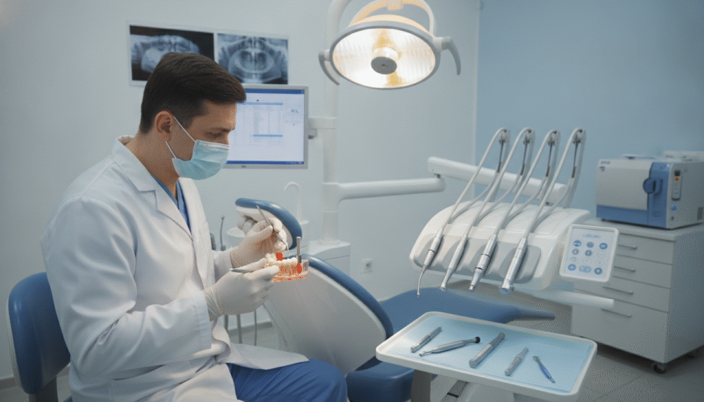 A professional dental clinic environment focusing on the tooth extraction and implant placement process. In the foreground, a dentist in a white coat and mask gently holds dental tools while examining a full-set dental model that features a tooth ready for extraction. In the middle ground, an extraction chair is positioned, showcasing clear views of dental equipment and a surgical light illuminating the area. The background highlights dental charts and sterilization tools, creating a clean, organized atmosphere. The lighting is bright but soft, fostering a sense of professionalism and care. The angle captures a slightly overhead perspective, emphasizing the careful, precise nature of the procedure while conveying a mood of trust and reassurance. A professional dental clinic environment focusing on the tooth extraction and implant placement process. In the foreground, a dentist in a white coat and mask gently holds dental tools while examining a full-set dental model that features a tooth ready for extraction. In the middle ground, an extraction chair is positioned, showcasing clear views of dental equipment and a surgical light illuminating the area. The background highlights dental charts and sterilization tools, creating a clean, organized atmosphere. The lighting is bright but soft, fostering a sense of professionalism and care. The angle captures a slightly overhead perspective, emphasizing the careful, precise nature of the procedure while conveying a mood of trust and reassurance.