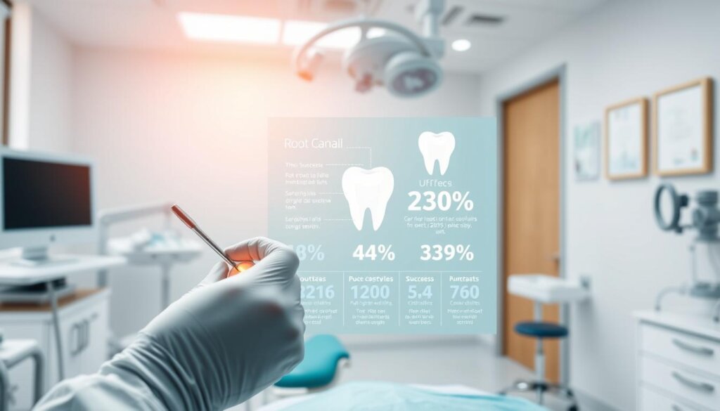 A professional-looking dental clinic with modern, clean interior. In the foreground, a dentist's hand holding dental tools, performing a root canal procedure on a patient's tooth. Soft, natural lighting illuminates the scene, creating a calming atmosphere. In the middle ground, a large infographic display showcases statistics and success rates for root canal treatments, presented in a clear and visually engaging manner. The background features a serene, out-of-focus view of the clinic, with subtle medical equipment and certificates visible, conveying expertise and professionalism.