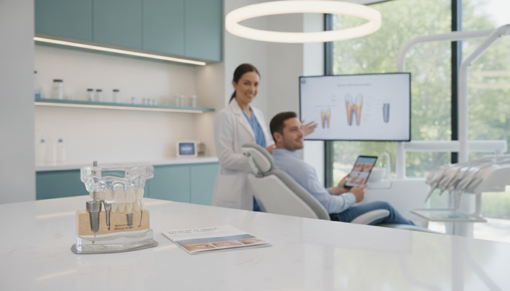 A professionally designed dental clinic interior showcasing an informative display about dental implants. In the foreground, a realistic dental implant model stands on a sleek countertop, detailed with various components clearly visible. The middle ground features a dentist in professional attire calmly discussing the benefits of dental implants with a patient, who is sitting in a comfortable dental chair. Both individuals exhibit approachable expressions, creating a warm and welcoming atmosphere. The background includes modern dental equipment and a soothing color palette, with soft, diffused lighting that enhances the peaceful feel of the room. A blurred window reveals greenery outside, suggesting a serene environment. The entire scene exudes professionalism and trust, ideal for educating viewers on dental solutions. A professionally designed dental clinic interior showcasing an informative display about dental implants. In the foreground, a realistic dental implant model stands on a sleek countertop, detailed with various components clearly visible. The middle ground features a dentist in professional attire calmly discussing the benefits of dental implants with a patient, who is sitting in a comfortable dental chair. Both individuals exhibit approachable expressions, creating a warm and welcoming atmosphere. The background includes modern dental equipment and a soothing color palette, with soft, diffused lighting that enhances the peaceful feel of the room. A blurred window reveals greenery outside, suggesting a serene environment. The entire scene exudes professionalism and trust, ideal for educating viewers on dental solutions.