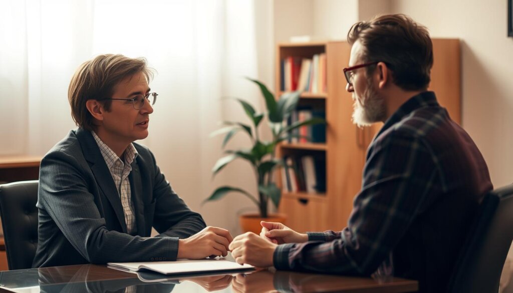 A psychologist sits at a desk, thoughtfully discussing cognitive behavioral therapy techniques with a patient during a session. The warm, diffused lighting creates a calming, professional atmosphere. The psychologist's expression is one of empathy and focus, guiding the patient through strategies to manage dental anxiety. In the background, a bookshelf and plant add subtle details to the therapist's office. The scene conveys a sense of trust, open communication, and a collaborative approach to addressing the patient's concerns.
