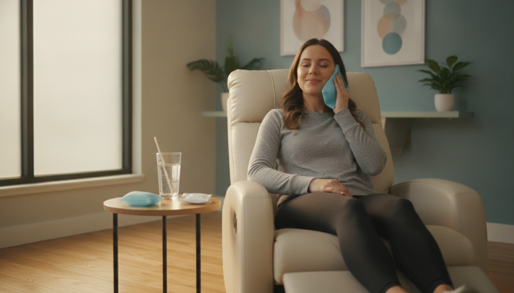 A serene and inviting dental recovery room, focusing on a comfortable recliner with a patient resting, dressed in modest, casual clothing. The foreground features a subtle close-up of the patient's face showing calmness, with a gentle smile, indicating relief from pain. In the middle ground, a tray with dental care essentials, like ice packs and a glass of water, reflects attentive recovery. Soft natural light filters in through a nearby window, casting a warm and soothing glow on the scene. The background includes a well-organized dental office, with calming colors and simple decor, reinforcing a sense of healing and tranquility. The mood is peaceful and reassuring, emphasizing the importance of rest and recovery after tooth extraction. A serene and inviting dental recovery room, focusing on a comfortable recliner with a patient resting, dressed in modest, casual clothing. The foreground features a subtle close-up of the patient's face showing calmness, with a gentle smile, indicating relief from pain. In the middle ground, a tray with dental care essentials, like ice packs and a glass of water, reflects attentive recovery. Soft natural light filters in through a nearby window, casting a warm and soothing glow on the scene. The background includes a well-organized dental office, with calming colors and simple decor, reinforcing a sense of healing and tranquility. The mood is peaceful and reassuring, emphasizing the importance of rest and recovery after tooth extraction.