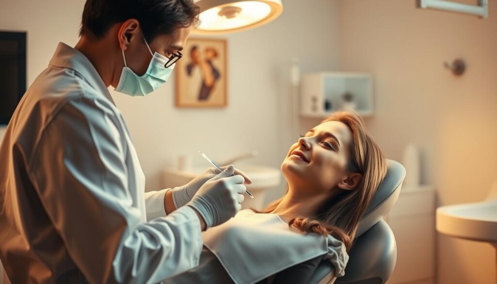 A serene dental clinic interior, with a patient reclining comfortably in the chair as a dentist administers sedation. The scene is bathed in warm, calming lighting, creating a relaxed atmosphere. The dentist's movements are gentle and reassuring, reflecting the expertise of sedation dentistry techniques. The patient's expression conveys a sense of tranquility, their anxiety visibly diminished. In the background, subtle medical equipment and soothing decor elements contribute to the overall sense of safety and care. The image captures the essence of managing dental anxiety through the skillful application of sedation dentistry.