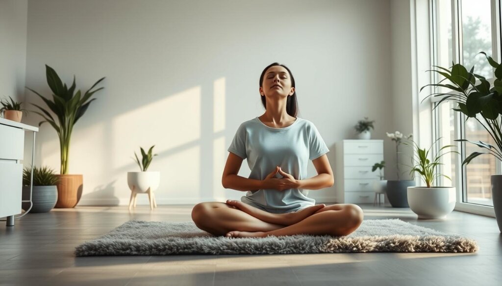 A serene meditation session in a tranquil dental office. A person sitting cross-legged on a plush rug, eyes closed, hands resting on their lap, deeply focused. Soft, natural lighting filters in through large windows, casting a calming glow. The treatment room is minimalist, with clean lines and muted colors, promoting relaxation. Calming plants and a water feature add to the peaceful ambiance, transporting the person to a state of mindfulness, easing any anxiety before their dental exam.