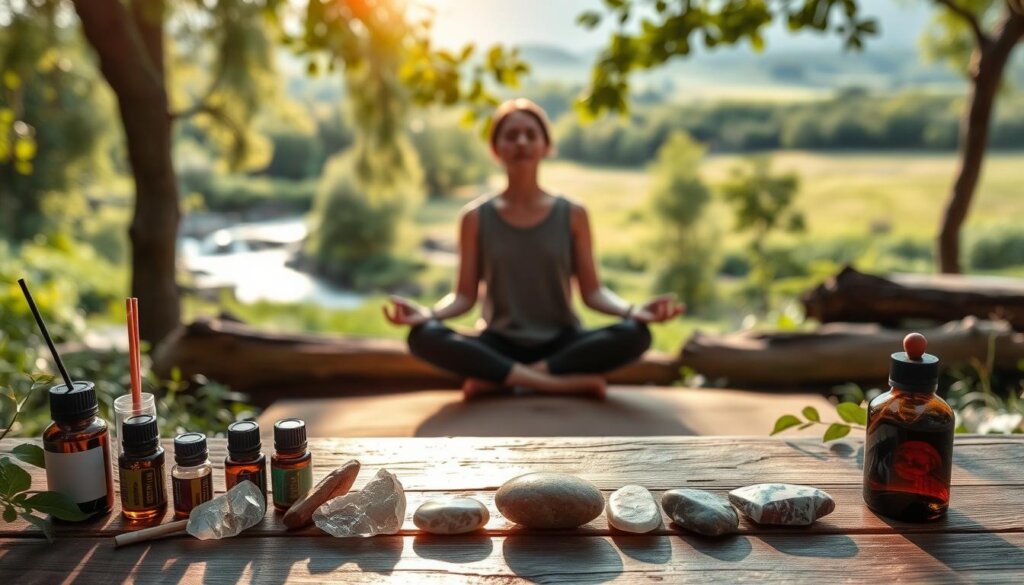 A serene, natural setting with a tranquil garden. In the foreground, various alternative healing tools are arranged - crystals, essential oils, incense, and a set of healing stones. In the middle ground, a person sits cross-legged, eyes closed, practicing meditation or mindfulness. Soft, warm lighting filters through the trees, creating a calming, restorative atmosphere. The background features a lush, verdant landscape with a flowing stream and distant rolling hills. The overall scene conveys a sense of holistic wellbeing, balance, and the power of natural, alternative healing methods.