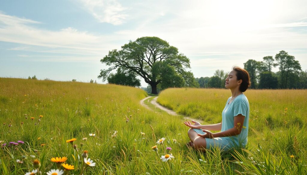 A serene, sun-dappled meadow, lush with wildflowers and verdant grasses. In the foreground, a figure seated in a meditative pose, hands resting gently on their lap, eyes closed as they find solace in the present moment. Behind them, a path winds through the landscape, leading to a distant grove of towering, leafy trees, their branches swaying gently in the breeze. The sky overhead is a soft, calming blue, with wispy clouds drifting lazily across the frame. The overall atmosphere conveys a sense of tranquility, healing, and the gradual, yet transformative, process of mental health recovery.
