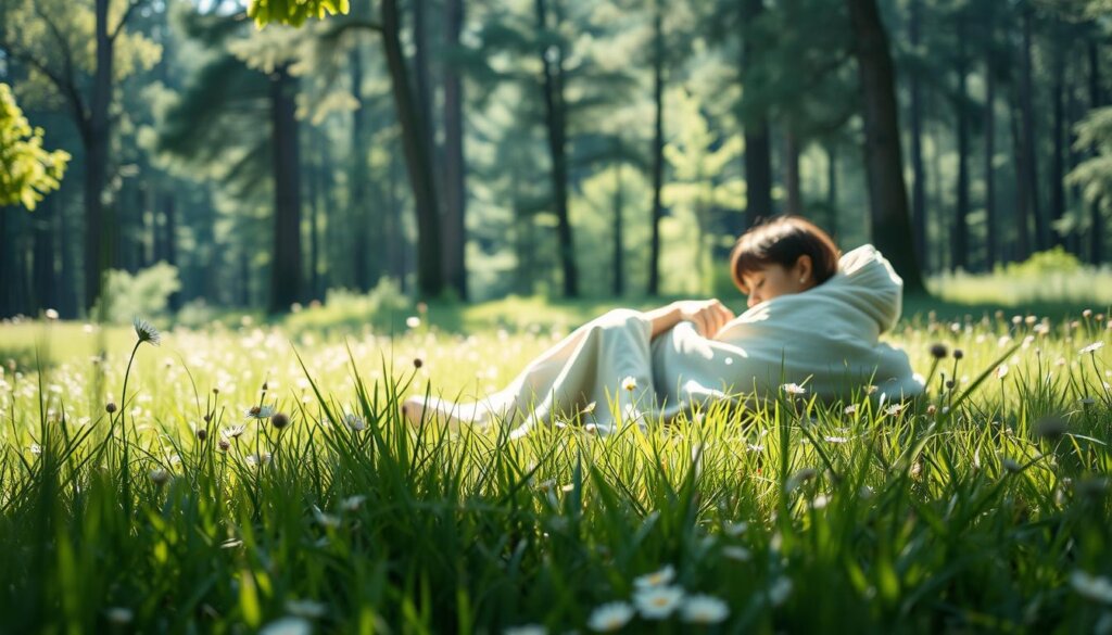A serene, sun-dappled meadow with lush, verdant grasses and delicate wildflowers in the foreground. In the middle ground, a figure resting peacefully, wrapped in a soft, healing blanket, symbolizing the duration of physical recovery. The background features a tranquil forest, its towering trees casting gentle shadows, conveying a sense of solace and restoration. The lighting is soft and diffused, creating a warm, contemplative atmosphere. Captured with a wide-angle lens, the composition emphasizes the harmony between the human form and the natural world, reflecting the holistic nature of the healing process.