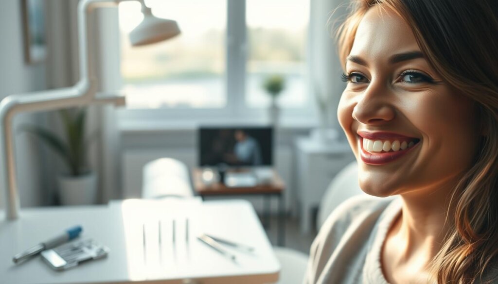 A serene, well-lit interior scene showcasing the benefits of dental implants. In the foreground, a person confidently smiles, their restored teeth gleaming under soft, natural lighting. The middle ground features a neatly arranged dental toolkit, hinting at the high-quality craftsmanship behind the implants. In the background, a peaceful window view evokes a sense of tranquility and improved quality of life. The overall atmosphere conveys a sense of comfort, health, and renewed confidence that dental implants can provide.