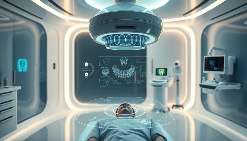 A sleek, futuristic dental imaging suite bathed in a soft, ambient glow. In the foreground, a patient rests comfortably as a state-of-the-art dental scanner hovers overhead, capturing high-resolution 3D images of their teeth and gums. The middle ground features a holographic display presenting real-time data and visualization tools, enabling the dentist to precisely analyze the scans. In the background, advanced robotics and diagnostic equipment stand ready to provide the latest in non-invasive, personalized dental care. The scene conveys a sense of cutting-edge technology, patient comfort, and medical precision, reflecting the future of dental imaging.