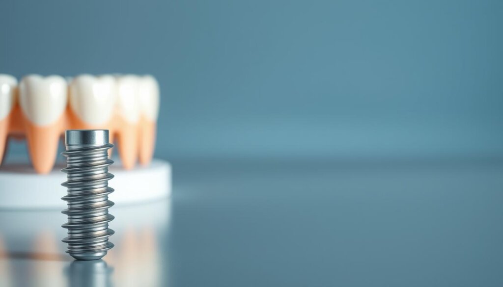 A sleek, minimalist image showcasing the benefits of dental implants. In the foreground, a close-up view of a dental implant, its titanium surface gleaming under crisp, directional lighting. The middle ground features a row of healthy, natural-looking teeth, hinting at the seamless integration of the implant. The background is a softly blurred, soothing gradient of blues and grays, conveying a sense of clinical precision and dental excellence. The overall mood is one of confidence, functionality, and the advancement of modern dentistry.