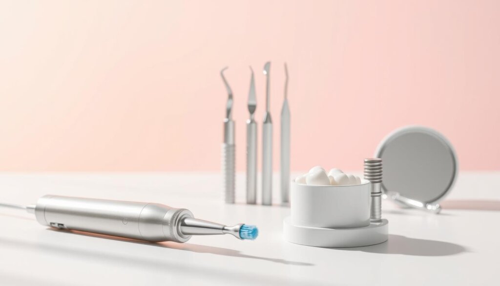 A sleek, minimalist image showcasing the essentials for maintaining dental implants. In the foreground, a silver-toned electric toothbrush and a small cup of dental floss sit atop a pristine white surface, illuminated by soft, natural lighting. In the middle ground, a set of gleaming dental tools, including a dental pick and mirror, are neatly arranged, conveying the importance of regular professional cleanings. The background features a blurred, pastel-hued gradient, creating a calming, spa-like atmosphere that emphasizes the tranquility and care associated with proper implant maintenance. The overall composition is crisp, well-balanced, and visually compelling, reflecting the key steps in preserving the health and longevity of dental implants.