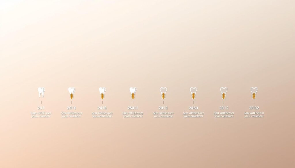 A sleek, minimalist timeline illustration showcasing the various stages of a dental implant surgery. In the foreground, a series of numbered icons representing the procedure steps, such as tooth extraction, implant placement, and healing. The middle ground features a clean, linear timeline with text labels for each phase. The background is a soft, muted gradient, providing a sense of depth and focus on the central timeline. Subtle metallic accents and a warm, clinical lighting create a professional, medical aesthetic. The overall composition conveys a clear, informative, and visually engaging depiction of the implant surgery recovery timeline.
