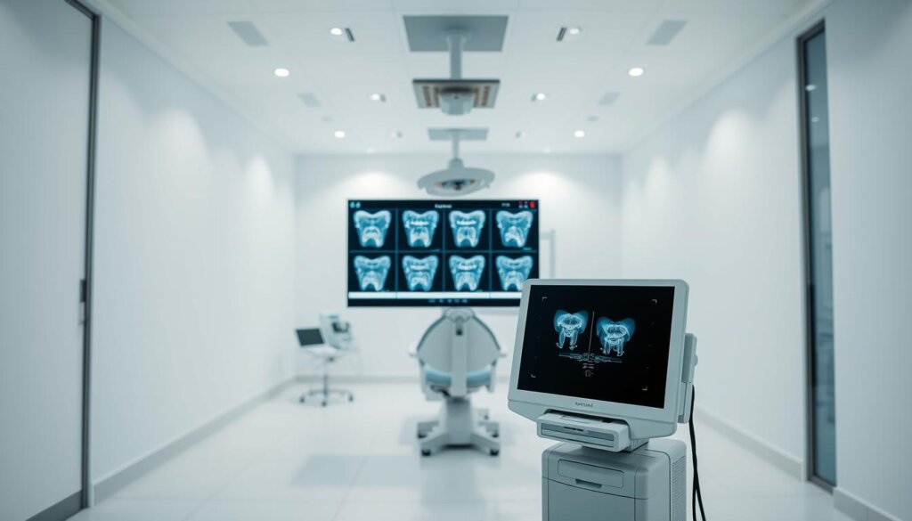 A sleek, modern dental clinic interior with a minimalist aesthetic. In the foreground, a digital dental X-ray machine stands prominently, its state-of-the-art display showing various imaging types. The middle ground features a dental chair and equipment, showcasing the latest advancements in dental technology. The background depicts a serene, well-lit space with clean, white walls and modern lighting fixtures, creating a calming, professional atmosphere. The overall scene conveys the precise, sophisticated nature of dental imaging, inviting the viewer to explore the different types of X-rays used in modern dentistry.