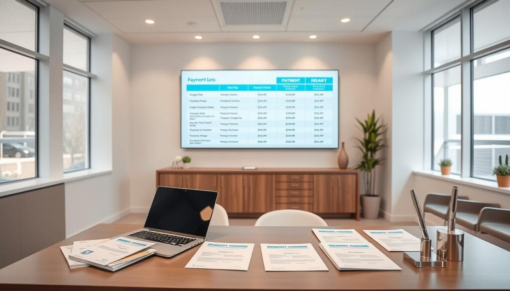 A sleek, modern dental clinic interior with clean, minimalist design. In the foreground, a desk displays various payment plan brochures and documents, arranged neatly. On the desk, a laptop and a stylish pen stand provide a professional touch. The middle ground features a large wall-mounted display showing different payment plan options, including monthly installments, financing, and insurance coverage. The background showcases the clinic's bright, airy atmosphere with large windows, natural lighting, and calming, neutral-toned decor. The overall mood is one of trust, transparency, and a patient-centric approach to dental implant costs.