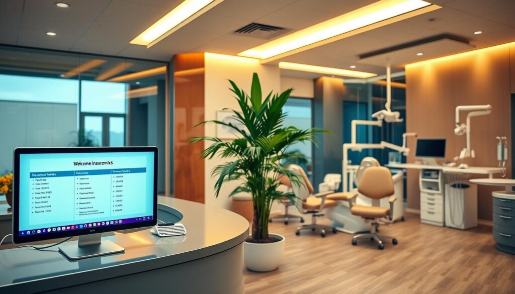 A sleek, modern dental office interior with warm lighting and a stylish design. In the foreground, a welcoming receptionist's desk with a computer monitor displaying insurance plan details. The middle ground features comfortable chairs and a large potted plant, creating a calming atmosphere. The background showcases an array of dental equipment and instruments, conveying a sense of professionalism and high-quality care. The overall scene exudes a sense of trust, reliability, and attention to detail, reflecting the importance of understanding one's dental insurance coverage.