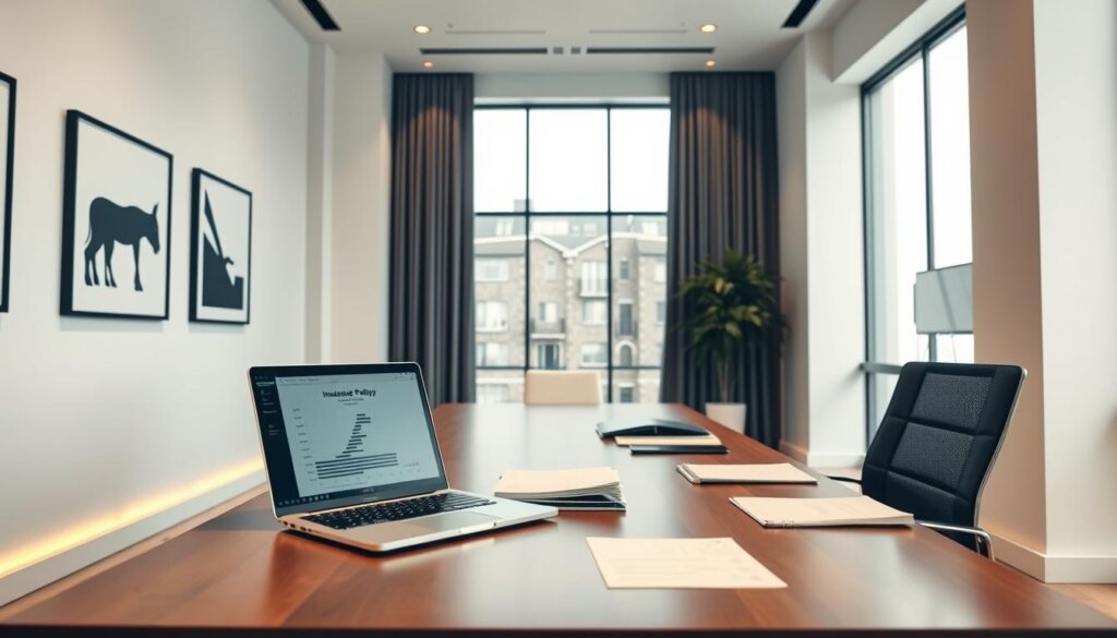 A sleek, modern office interior with a large desk and ergonomic chair. On the desk, a stack of documents and a laptop displaying a detailed insurance policy coverage chart. The walls are adorned with minimalist, monochrome artworks, and the lighting is a combination of natural daylight from large windows and subtle, warm-toned accent lighting. The overall mood is one of professionalism, attention to detail, and a sense of financial security. The angle is slightly elevated, giving the viewer a sense of authority and decision-making power.