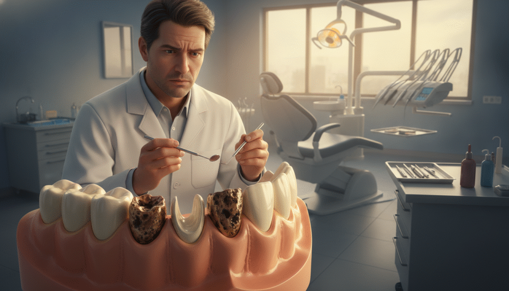 A split-scene illustration depicting the dental health impact of delaying tooth replacement. In the foreground, a close-up of a dental model featuring a gap where a tooth is missing, with visible signs of decay on adjacent teeth. The middle ground features a dental professional in a lab coat examining the model with a concerned expression, holding dental tools. The background shows a softly lit dental clinic, equipped with dental chairs and tools, creating a professional atmosphere. Use warm lighting to evoke a sense of urgency but maintain a clinical tone. The angle should be slightly tilted to emphasize the dental model in the foreground, inviting the viewer to reflect on the consequences of tooth loss. Overall, the image should convey a serious and informative mood. A split-scene illustration depicting the dental health impact of delaying tooth replacement. In the foreground, a close-up of a dental model featuring a gap where a tooth is missing, with visible signs of decay on adjacent teeth. The middle ground features a dental professional in a lab coat examining the model with a concerned expression, holding dental tools. The background shows a softly lit dental clinic, equipped with dental chairs and tools, creating a professional atmosphere. Use warm lighting to evoke a sense of urgency but maintain a clinical tone. The angle should be slightly tilted to emphasize the dental model in the foreground, inviting the viewer to reflect on the consequences of tooth loss. Overall, the image should convey a serious and informative mood.