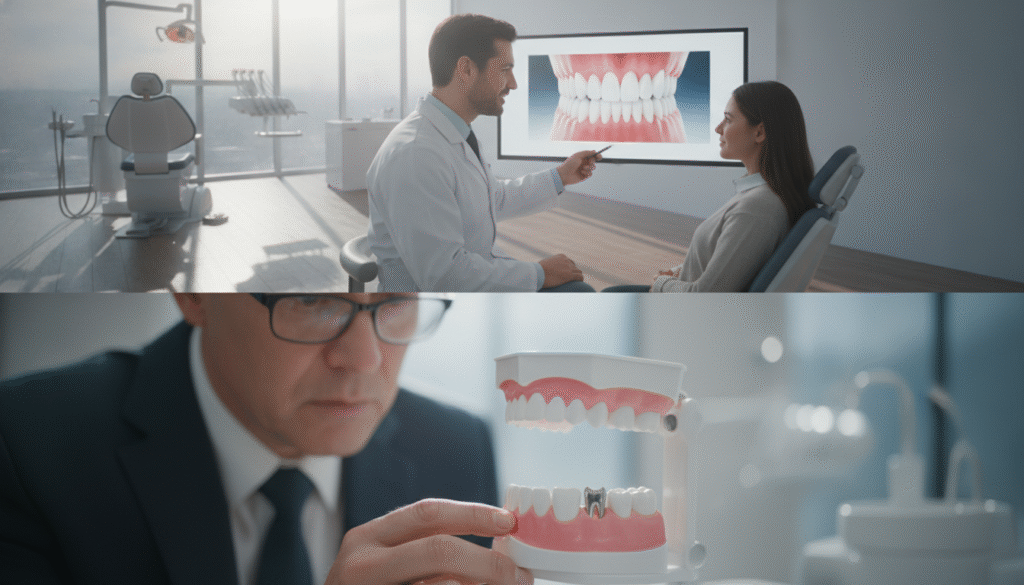 A split-scene illustration emphasizing the importance of timely tooth replacement. In the foreground, a concerned person in professional attire examines a dental model showcasing an empty socket with a missing tooth, highlighting the urgency. In the middle ground, a dentist in a white coat discusses treatment options with a patient, gesturing towards a digital display of a healthy mouth with properly aligned teeth. The background features a bright, modern dental office with sunlight streaming through large windows, casting soft shadows. The atmosphere is serious yet hopeful, inviting the viewer to understand the consequences of delaying dental care. Use soft lighting effects to accentuate the details of the dental model and expressions of the subjects. A split-scene illustration emphasizing the importance of timely tooth replacement. In the foreground, a concerned person in professional attire examines a dental model showcasing an empty socket with a missing tooth, highlighting the urgency. In the middle ground, a dentist in a white coat discusses treatment options with a patient, gesturing towards a digital display of a healthy mouth with properly aligned teeth. The background features a bright, modern dental office with sunlight streaming through large windows, casting soft shadows. The atmosphere is serious yet hopeful, inviting the viewer to understand the consequences of delaying dental care. Use soft lighting effects to accentuate the details of the dental model and expressions of the subjects.