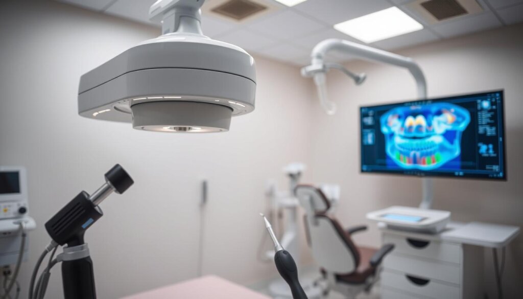 A sterile, well-lit medical examination room with modern diagnostic equipment. In the foreground, a high-tech dental scanner hovers over an open mouth, capturing intricate 3D imagery. The middle ground showcases various handheld tools and devices, including a digital dental camera and a transillumination wand, used to detect cavities and other issues without relying on traditional X-rays. In the background, a large display screen shows a detailed, colorful 3D model of a patient's dentition, allowing the dentist to thoroughly examine the teeth and gums from multiple angles. The atmosphere is one of advanced, non-invasive diagnostic techniques, prioritizing patient comfort and safety.