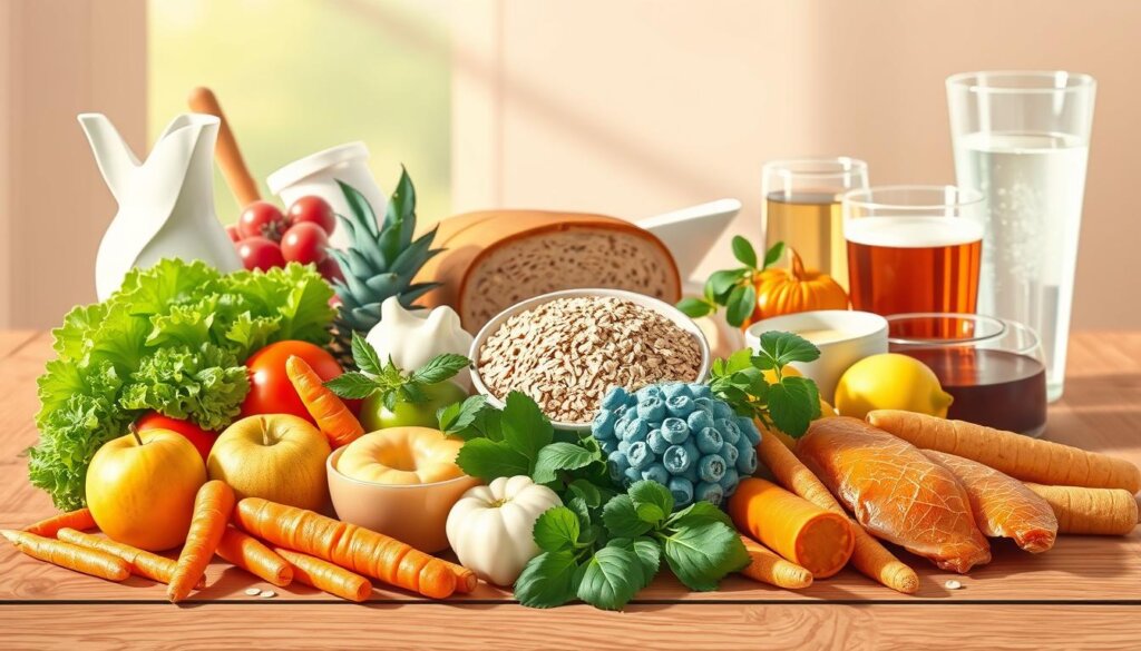 A stylized illustration depicting an assortment of foods and beverages on a wooden table, showcasing the optimal dietary choices for better oral health. In the foreground, an arrangement of fresh fruits, vegetables, and dairy products, such as apples, carrots, and yogurt, is prominently displayed. In the middle ground, whole grains, such as whole wheat bread and oats, are visible, along with lean proteins like salmon and chicken. The background features a selection of water glasses and herbal teas, emphasizing the importance of hydration. The lighting is soft and natural, casting a warm, inviting atmosphere. The overall composition highlights the balance and variety of nutrient-dense, tooth-friendly ingredients that contribute to maintaining excellent oral health.