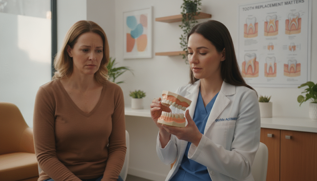 A thoughtful dentist in a modern clinic, professionally dressed in a white coat, is showing a patient an anatomical model of a jaw with a missing tooth, symbolizing "tooth replacement importance." In the foreground, focus on the dentist's hands, gently pointing to the model’s gap, while the patient looks on with a concerned expression. In the middle ground, include a colorful anatomical poster illustrating tooth anatomy and potential risks of not replacing teeth. The background features bright, inviting clinic decor, with soft, natural lighting coming from a large window. The overall atmosphere is informative yet comforting, evoking a sense of care and professionalism, aimed at educating about dental health. A thoughtful dentist in a modern clinic, professionally dressed in a white coat, is showing a patient an anatomical model of a jaw with a missing tooth, symbolizing "tooth replacement importance." In the foreground, focus on the dentist's hands, gently pointing to the model’s gap, while the patient looks on with a concerned expression. In the middle ground, include a colorful anatomical poster illustrating tooth anatomy and potential risks of not replacing teeth. The background features bright, inviting clinic decor, with soft, natural lighting coming from a large window. The overall atmosphere is informative yet comforting, evoking a sense of care and professionalism, aimed at educating about dental health.