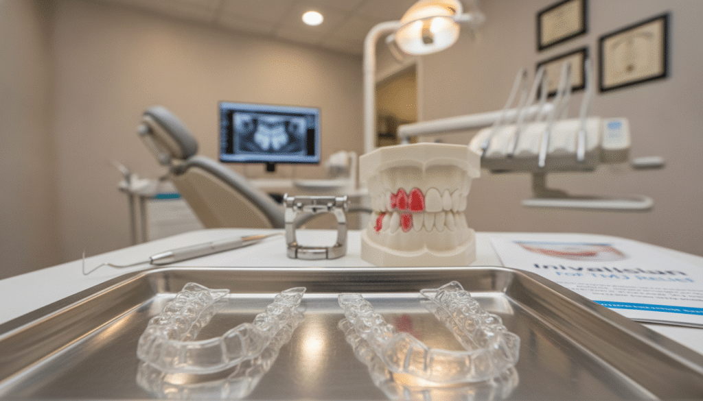 A thoughtful dentist's office scene focused on Invisalign trays designed for TMJ treatment. In the foreground, a close-up of clear Invisalign aligners resting on a sleek dental tray, showcasing their transparency and precise craftsmanship. The middle ground features a dental model of a jaw with highlighted areas indicating pressure points related to TMJ, complemented by dental tools and a patient consultation brochure on the table. In the background, a calm and organized dental office with soft, ambient lighting that emanates a professional and reassuring atmosphere. The image captures a sense of care and expertise, highlighting the relationship between Invisalign and jaw pain management. Use a shallow depth of field to create a soft bokeh effect around the background, emphasizing the foreground elements. A thoughtful dentist's office scene focused on Invisalign trays designed for TMJ treatment. In the foreground, a close-up of clear Invisalign aligners resting on a sleek dental tray, showcasing their transparency and precise craftsmanship. The middle ground features a dental model of a jaw with highlighted areas indicating pressure points related to TMJ, complemented by dental tools and a patient consultation brochure on the table. In the background, a calm and organized dental office with soft, ambient lighting that emanates a professional and reassuring atmosphere. The image captures a sense of care and expertise, highlighting the relationship between Invisalign and jaw pain management. Use a shallow depth of field to create a soft bokeh effect around the background, emphasizing the foreground elements.