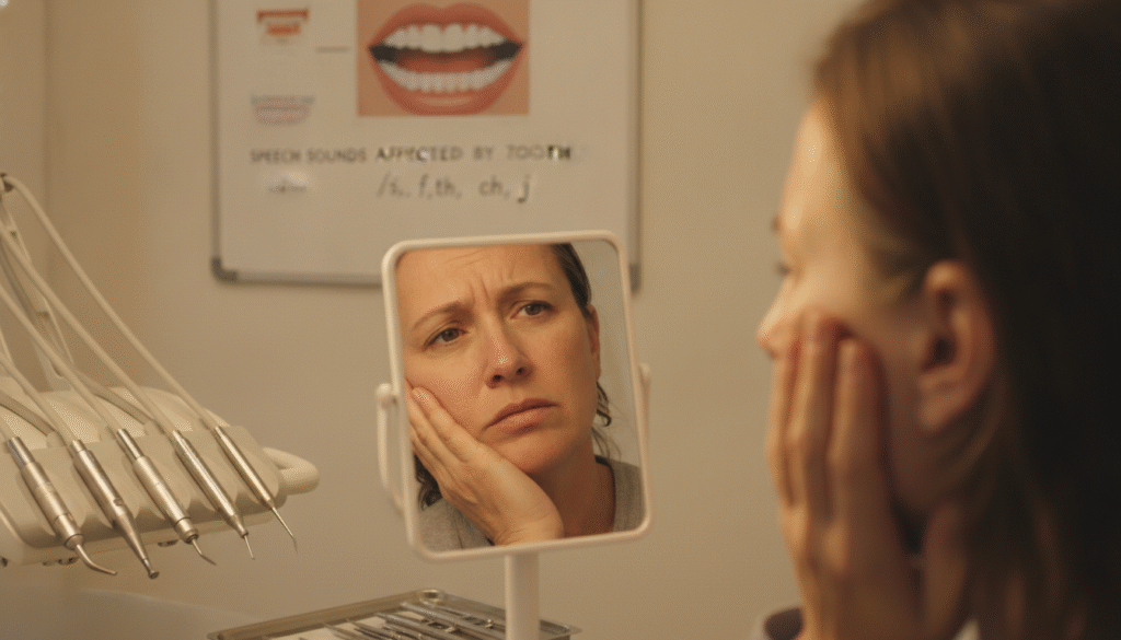 A thoughtful middle-aged person sitting in a softly lit dental office, showcasing a slight expression of concern while looking into a mirror. In the foreground, their hand gently touches their cheek to illustrate discomfort. The background features dental tools and a chart highlighting speech sounds affected by tooth loss, creating a professional atmosphere. The lighting is warm and inviting, emphasizing the human emotion and the realities of tooth loss. The angle is slightly elevated, drawing focus on the person's face while maintaining the context of the dental environment. The overall mood conveys a blend of introspection and awareness about the impact of missing teeth on speech, with a focus on dental health. A thoughtful middle-aged person sitting in a softly lit dental office, showcasing a slight expression of concern while looking into a mirror. In the foreground, their hand gently touches their cheek to illustrate discomfort. The background features dental tools and a chart highlighting speech sounds affected by tooth loss, creating a professional atmosphere. The lighting is warm and inviting, emphasizing the human emotion and the realities of tooth loss. The angle is slightly elevated, drawing focus on the person's face while maintaining the context of the dental environment. The overall mood conveys a blend of introspection and awareness about the impact of missing teeth on speech, with a focus on dental health.