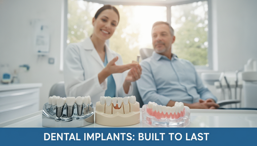 A vibrant and informative scene depicting the advantages of dental implants focused on durability and longevity. In the foreground, a well-arranged dental model showcases a set of gleaming dental implants alongside traditional dentures and bridges, highlighting the contrast. The middle ground features a confident dental professional, dressed in a crisp white coat, explaining the benefits to a patient in a comfortable dental office setting. The background includes soft-focus dental equipment and a large window letting in warm, natural light, enhancing the atmosphere. The lighting is bright yet soft, creating an inviting and professional ambiance. Use a close-up angle to emphasize the implant’s details, showcasing their resilience, with a sincere, informative mood. A vibrant and informative scene depicting the advantages of dental implants focused on durability and longevity. In the foreground, a well-arranged dental model showcases a set of gleaming dental implants alongside traditional dentures and bridges, highlighting the contrast. The middle ground features a confident dental professional, dressed in a crisp white coat, explaining the benefits to a patient in a comfortable dental office setting. The background includes soft-focus dental equipment and a large window letting in warm, natural light, enhancing the atmosphere. The lighting is bright yet soft, creating an inviting and professional ambiance. Use a close-up angle to emphasize the implant’s details, showcasing their resilience, with a sincere, informative mood.