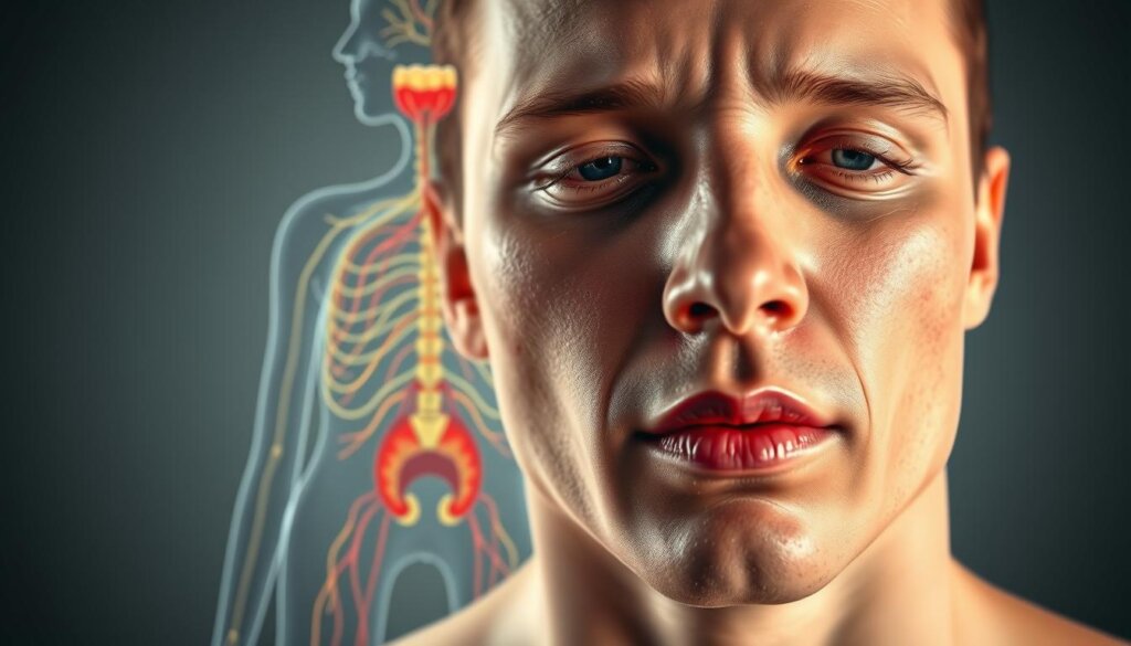 A vibrant illustration depicting the systemic symptoms of an infected tooth or nerve damage. In the foreground, a detailed close-up of a human face shows signs of inflammation, swelling, and discoloration around the affected area. The middle ground features a transparent anatomical overlay, revealing the intricate network of nerves and blood vessels connecting the oral cavity to the rest of the body. In the background, a muted color palette sets a somber yet informative tone, with subtle visual cues highlighting the potential for wider physiological impacts. The lighting is soft and diffused, creating depth and emphasizing the interconnected nature of the human body. Captured with a high-resolution camera lens, the image conveys a sense of medical precision and clinical insight. A vibrant illustration depicting the systemic symptoms of an infected tooth or nerve damage. In the foreground, a detailed close-up of a human face shows signs of inflammation, swelling, and discoloration around the affected area. The middle ground features a transparent anatomical overlay, revealing the intricate network of nerves and blood vessels connecting the oral cavity to the rest of the body. In the background, a muted color palette sets a somber yet informative tone, with subtle visual cues highlighting the potential for wider physiological impacts. The lighting is soft and diffused, creating depth and emphasizing the interconnected nature of the human body. Captured with a high-resolution camera lens, the image conveys a sense of medical precision and clinical insight.