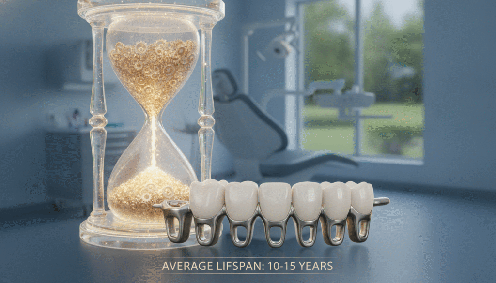 A visually engaging illustration depicting the average lifespan of dental bridges, showcasing a well-structured dental model prominently in the foreground. The dental bridge should be artistically rendered, with each tooth clearly defined, displaying materials such as porcelain and metal. In the middle ground, include visual symbols of time, like a softly glowing hourglass or subtle clock elements integrated into the design. The background features a calming dental clinic environment, with gentle lighting that emphasizes cleanliness and professionalism. The image should have a serene and informative atmosphere, inviting viewers to reflect on the longevity of dental bridges while ensuring clarity and detail in the main focus without any distractions. A visually engaging illustration depicting the average lifespan of dental bridges, showcasing a well-structured dental model prominently in the foreground. The dental bridge should be artistically rendered, with each tooth clearly defined, displaying materials such as porcelain and metal. In the middle ground, include visual symbols of time, like a softly glowing hourglass or subtle clock elements integrated into the design. The background features a calming dental clinic environment, with gentle lighting that emphasizes cleanliness and professionalism. The image should have a serene and informative atmosphere, inviting viewers to reflect on the longevity of dental bridges while ensuring clarity and detail in the main focus without any distractions.